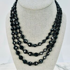 Vintage 3 Strand Black Glass Faceted Bead Necklace Graduated 16” - 21”